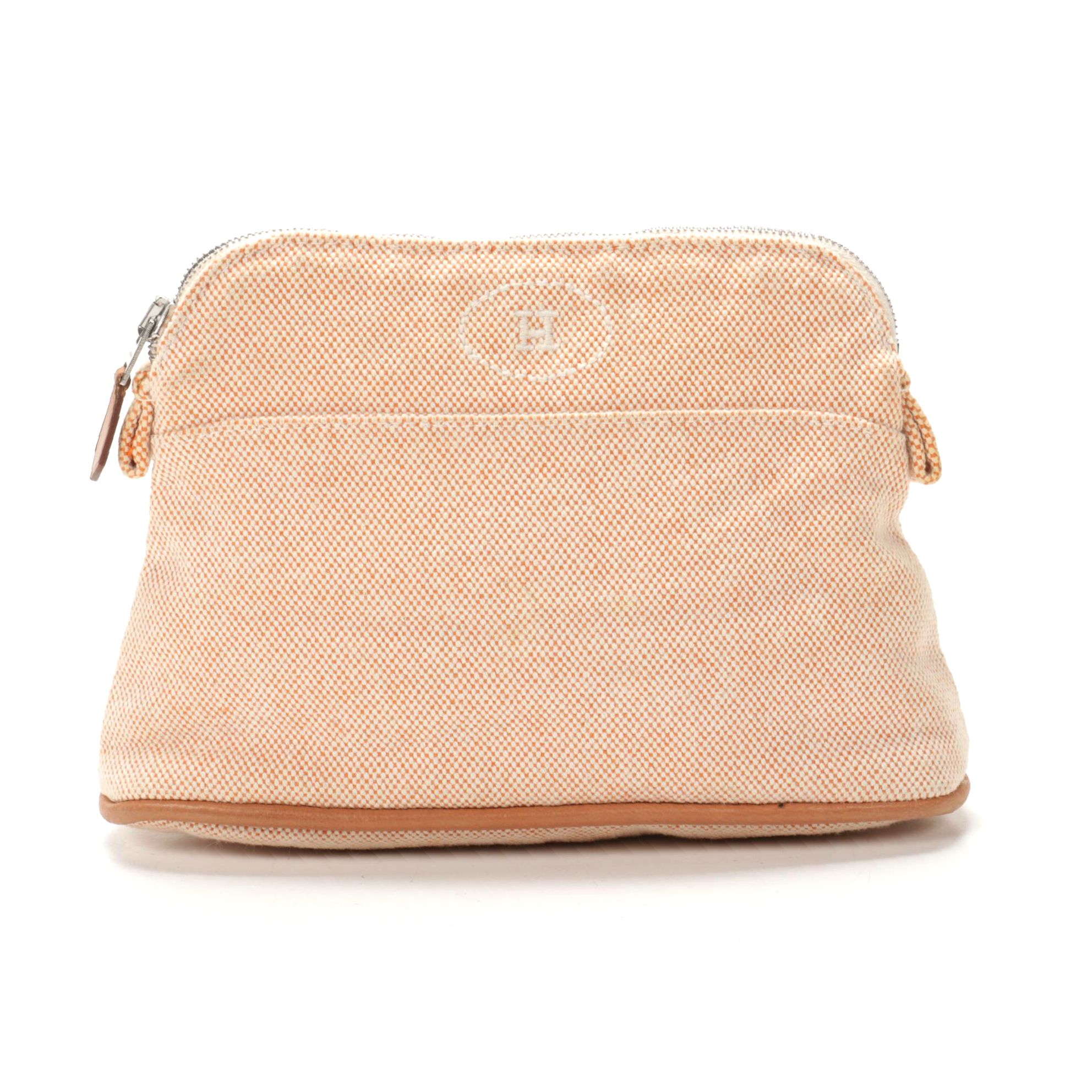 Hermès Bolide Travel Pouch in Orange/White Cotton Toile Canvas and Leather Trim