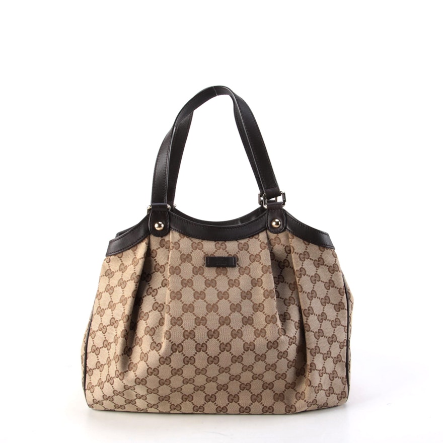 Gucci Pleated GG Canvas and Brown Leather Shoulder Bag