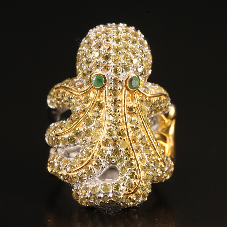 Sterling Silver Sapphire and Emerald Octopus Ring