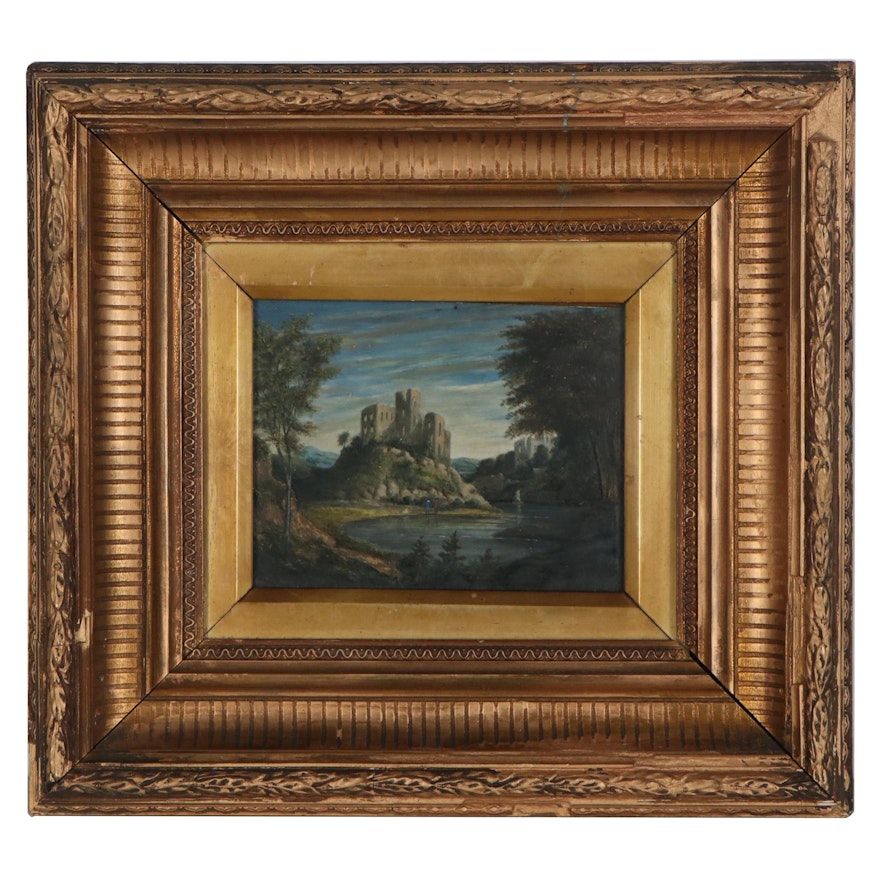 Miniature Castle Landscape Oil Painting, Late 19th Century