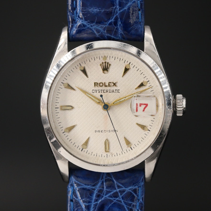 1953 Rolex Oysterdate Honeycomb Dial Stainless Steel Stem Wind Wristwatch