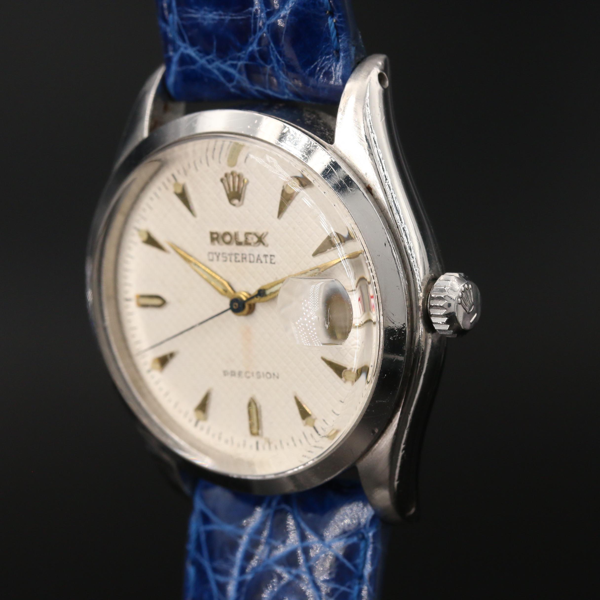 1953 Rolex Oysterdate Honeycomb Dial Stainless Steel Stem Wind Watch