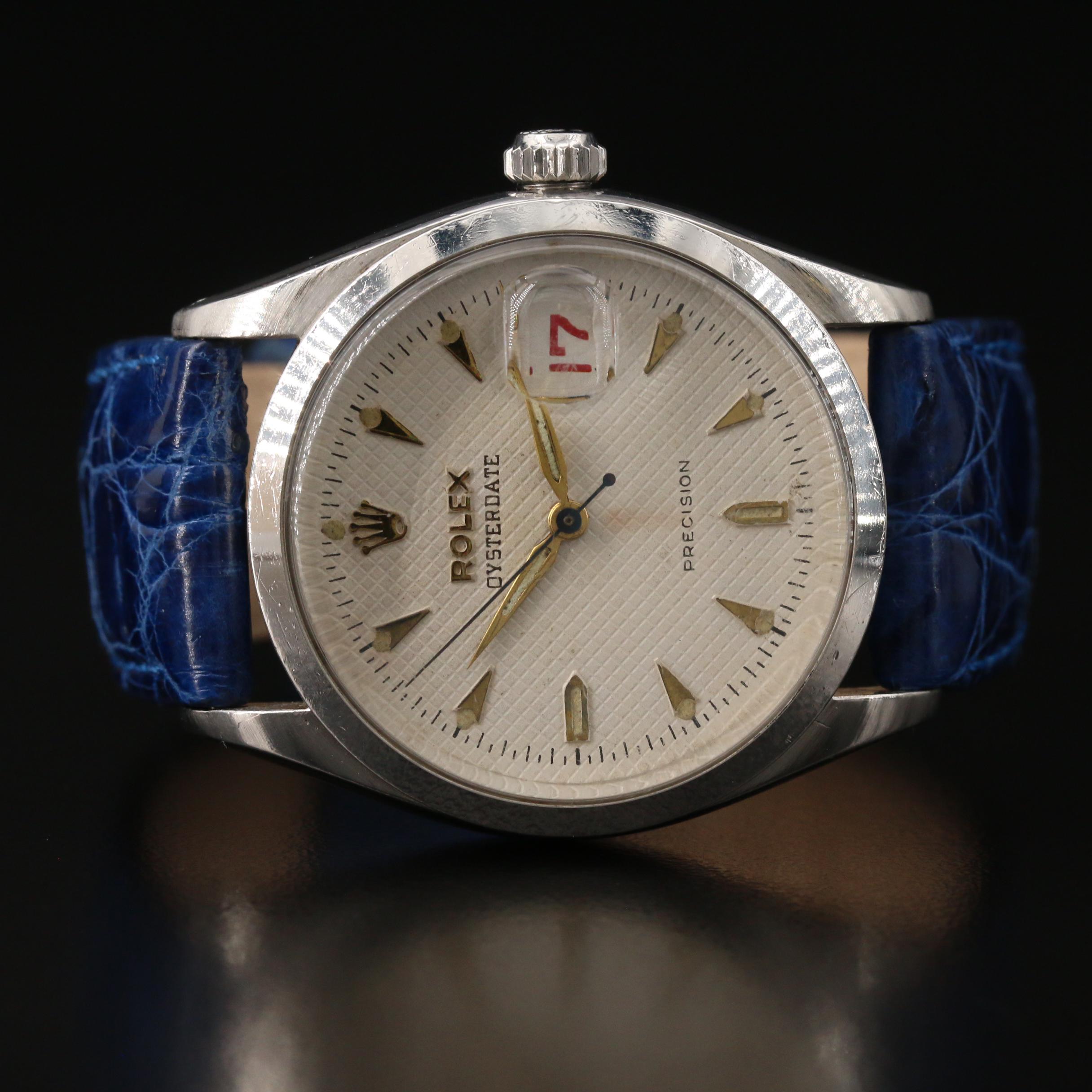 1953 Rolex Oysterdate Honeycomb Dial Stainless Steel Stem Wind Watch