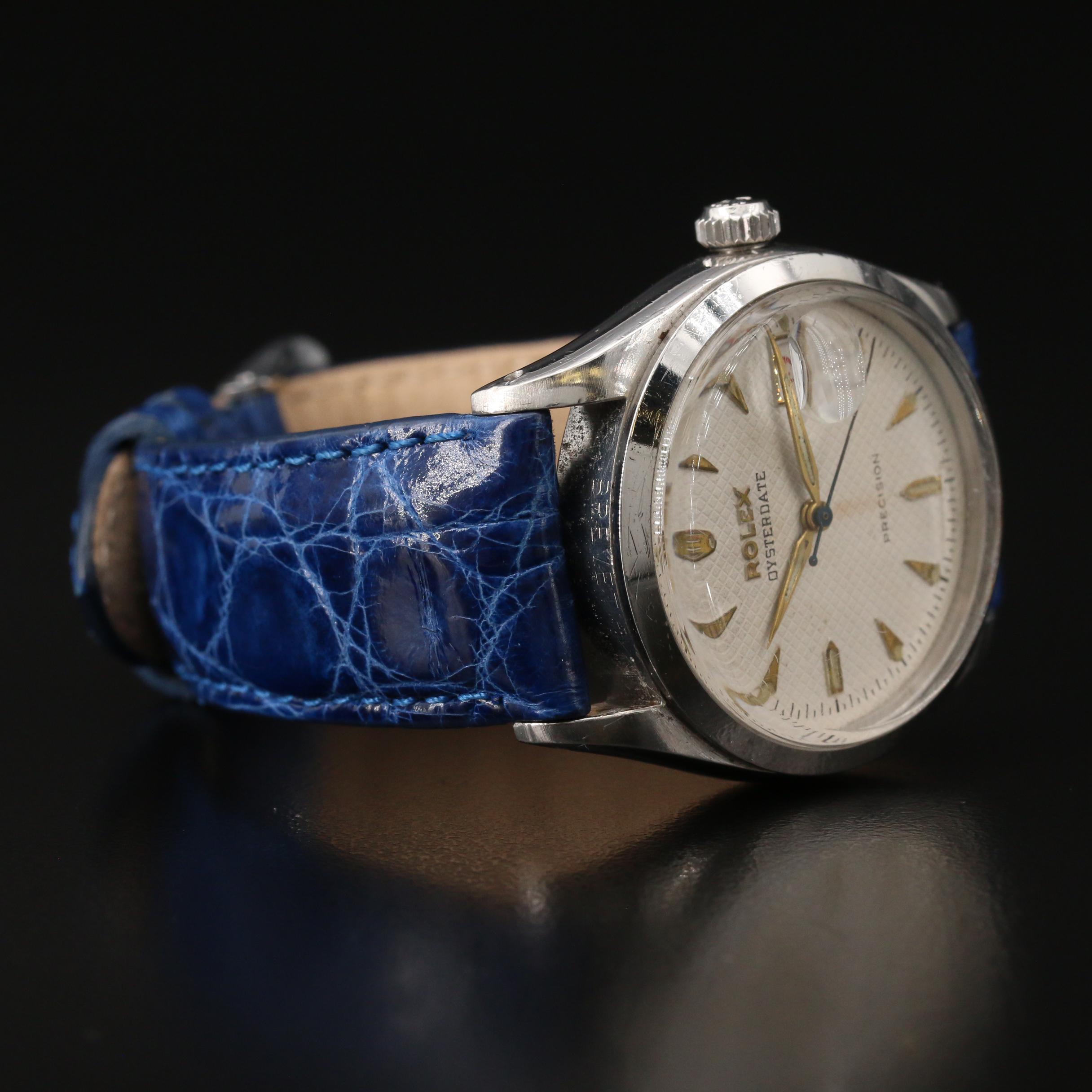 1953 Rolex Oysterdate Honeycomb Dial Stainless Steel Stem Wind Watch