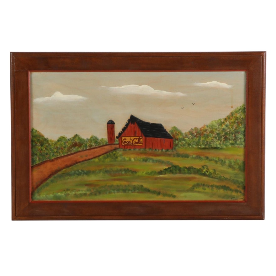 Linda Zonner Acrylic Painting of a Barn, 1985