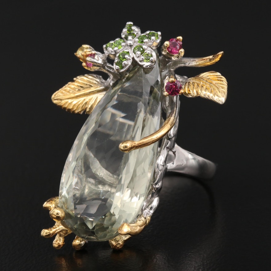 Sterling Silver Prasiolite, Diopside and Garnet Ring with Floral Design