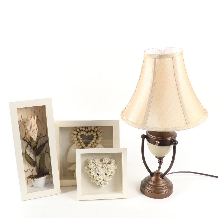 Collection of Dried Flower Shadow Boxes with Bronze Finish Table Lamp