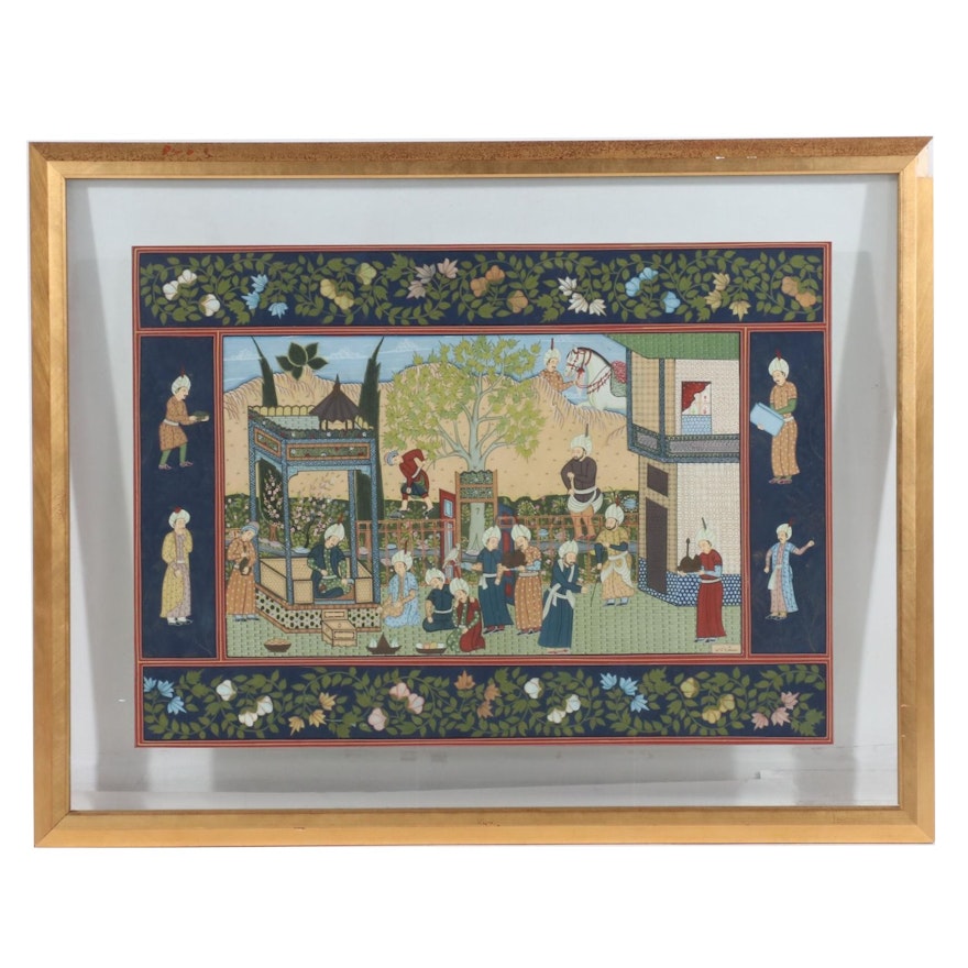 Gouache Painting of a Safavid-Style Courtly Scene, 21st Century