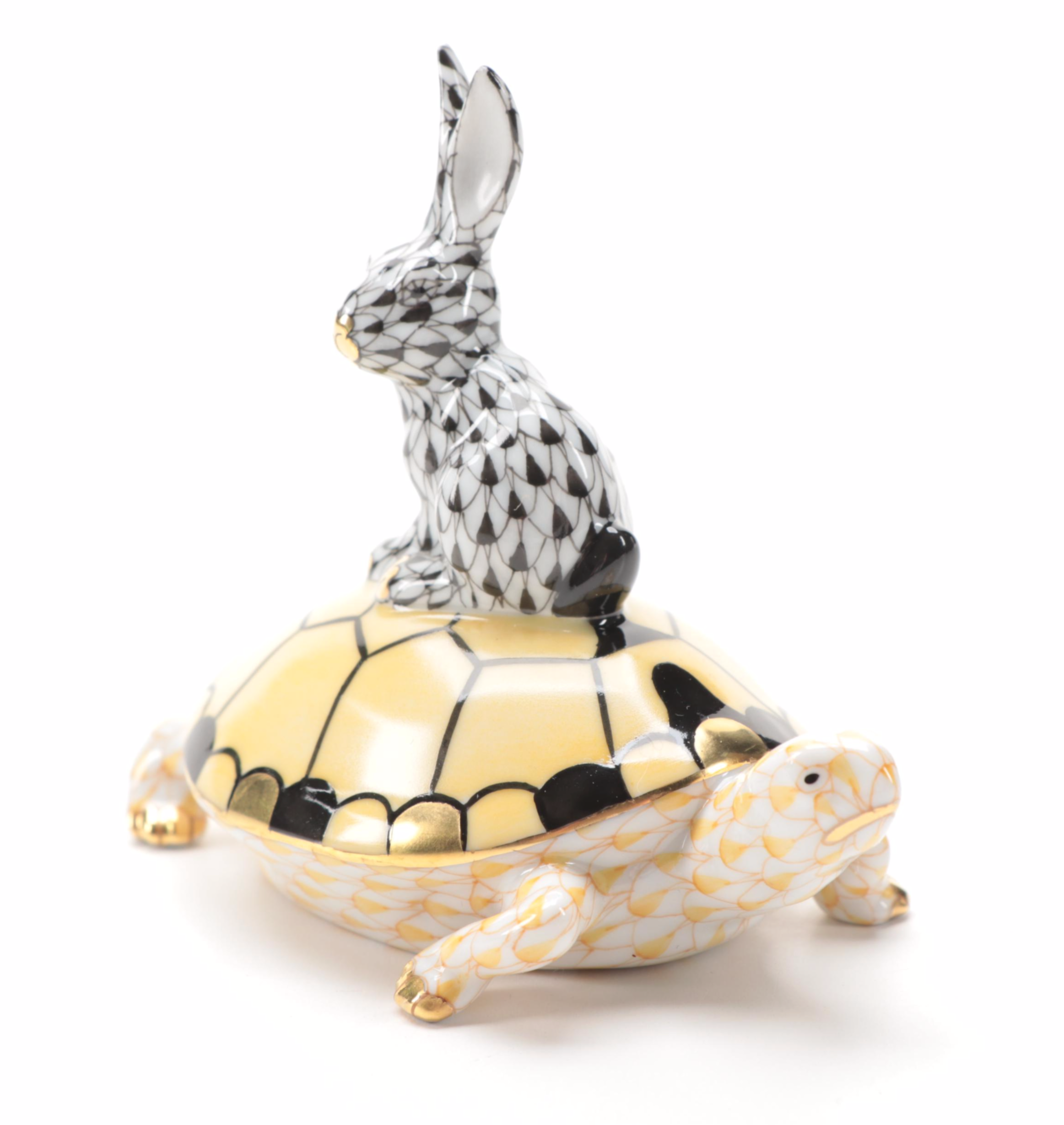 Herend Black and Butterscotch Fishnet "Tortoise & Hare" Porcelain Figurine