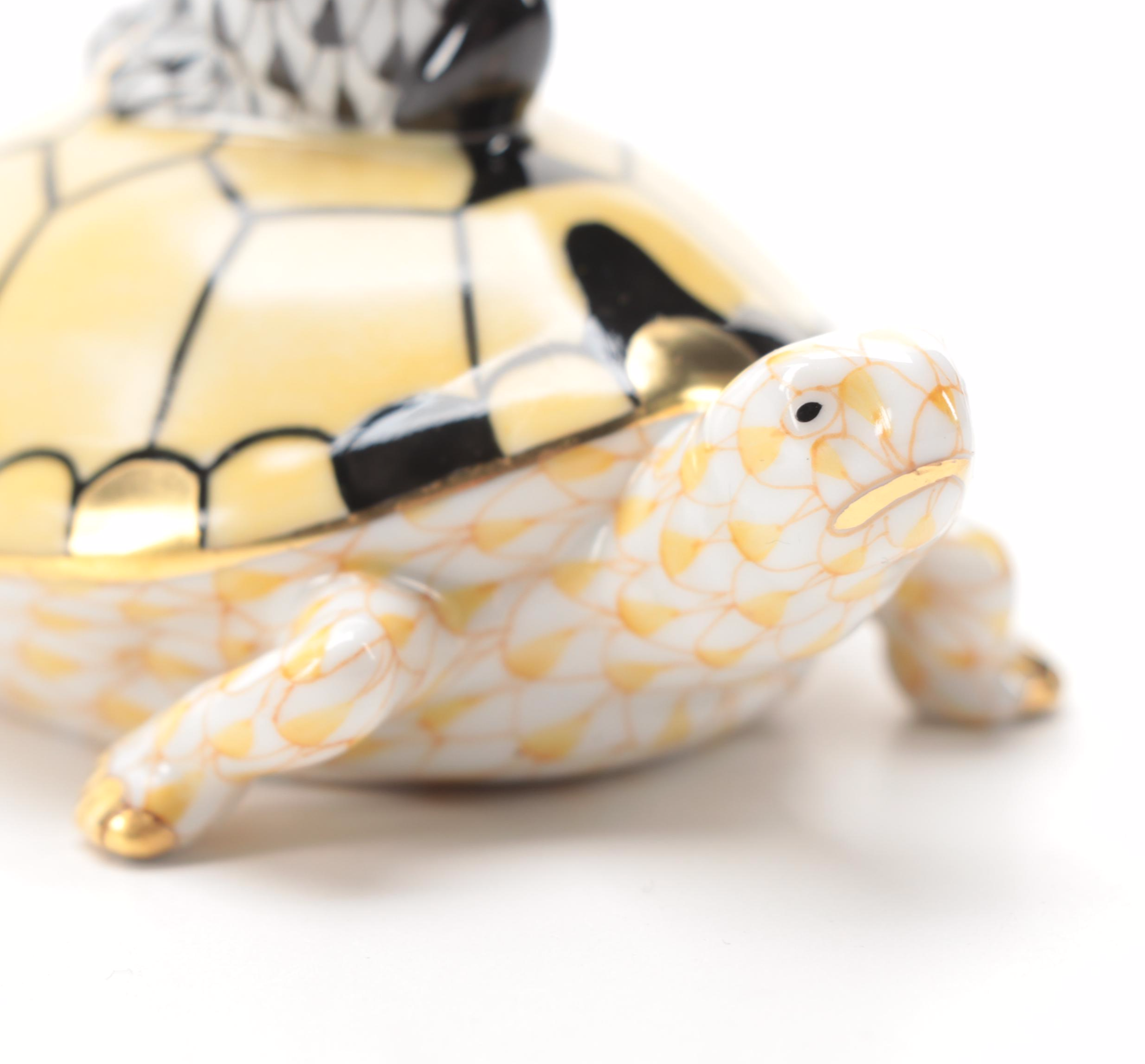 Herend Black and Butterscotch Fishnet "Tortoise & Hare" Porcelain Figurine