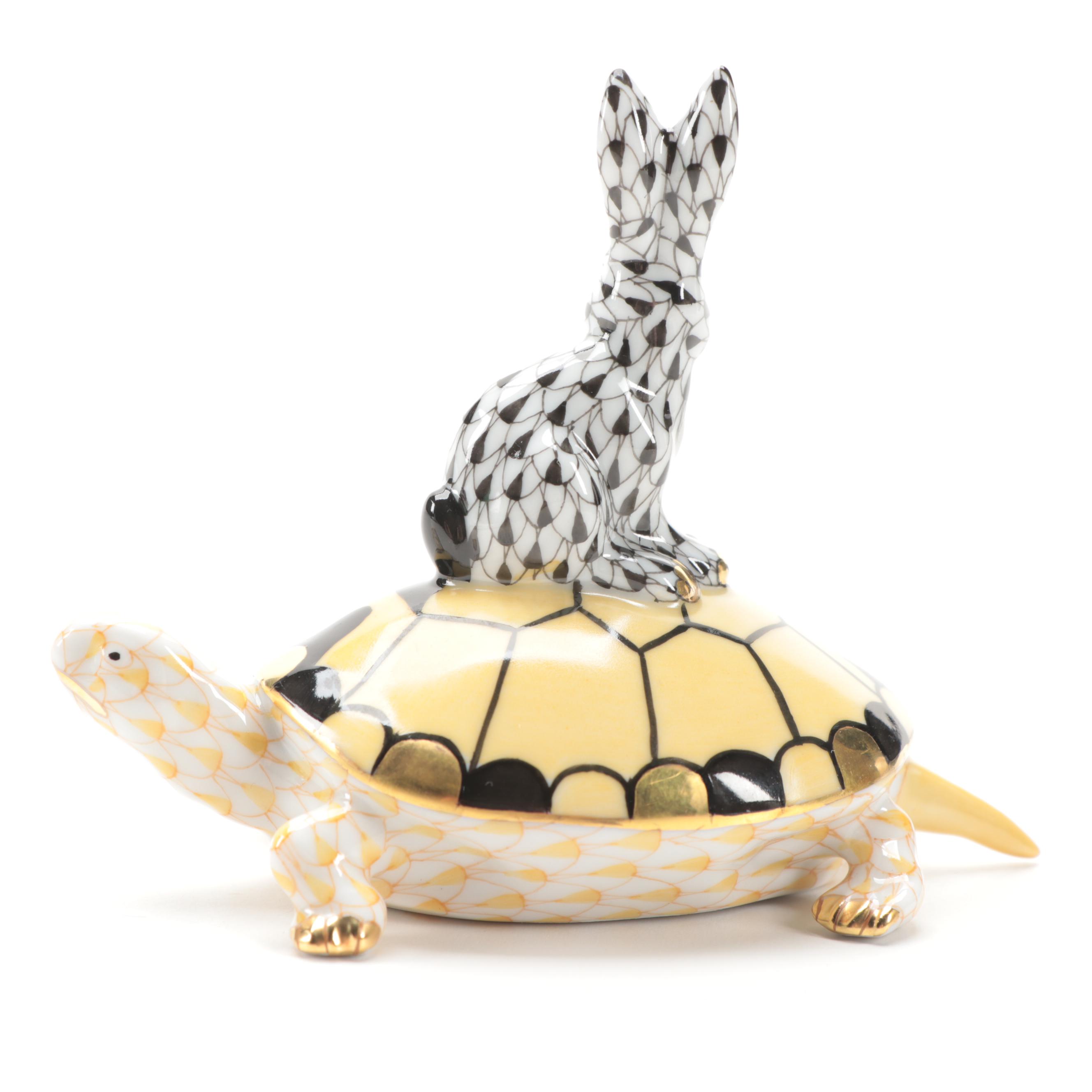 Herend Black and Butterscotch Fishnet "Tortoise & Hare" Porcelain Figurine