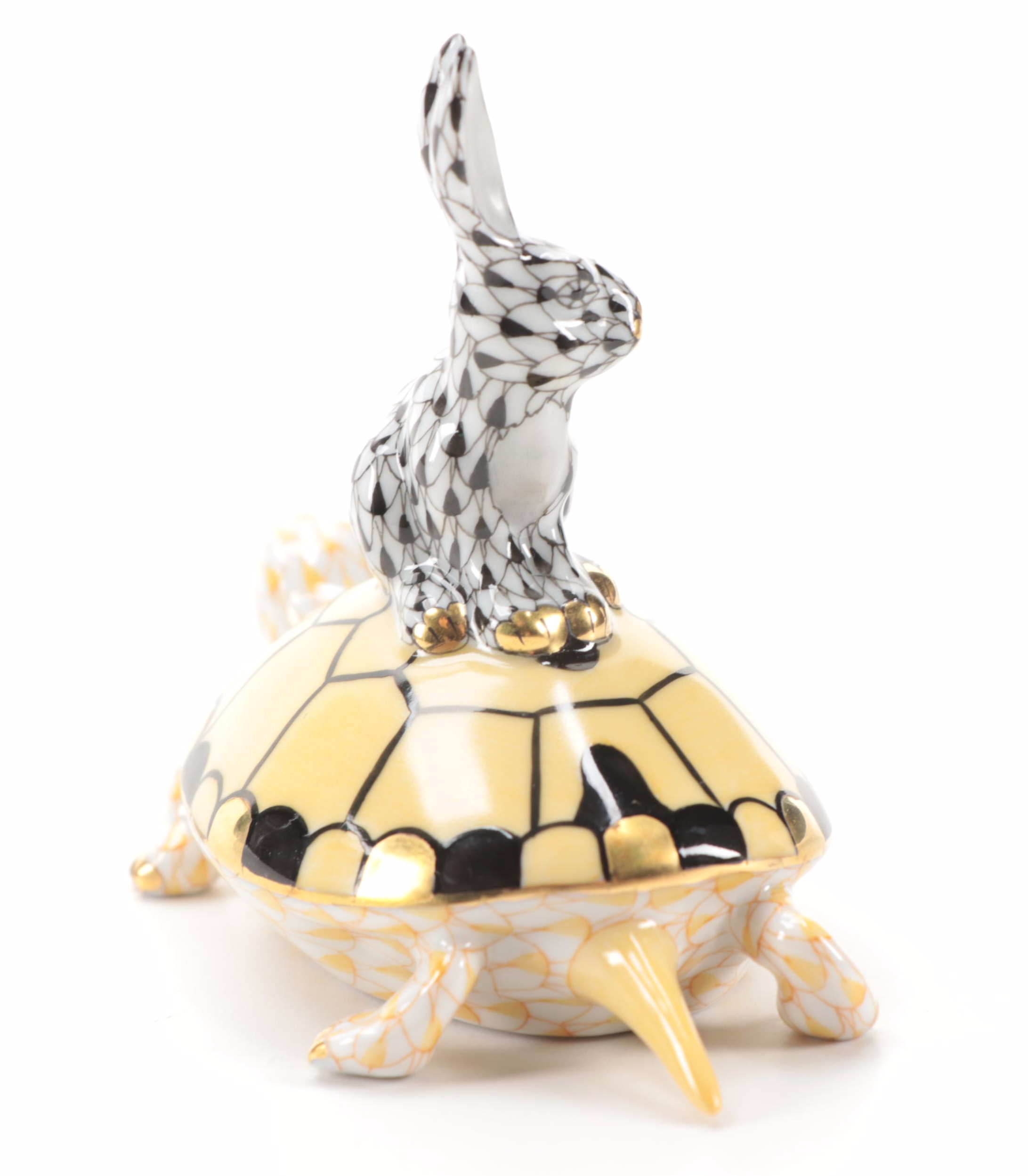 Herend Black and Butterscotch Fishnet "Tortoise & Hare" Porcelain Figurine