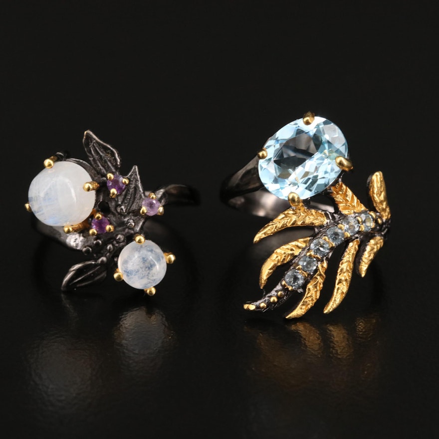 Sterling Foliate Rings with Topaz, Amethyst and Rainbow Moonstone