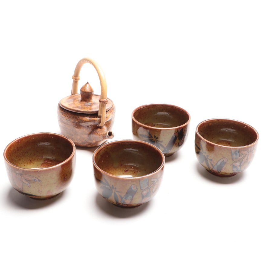 Art Pottery Teapot with Japanese Tea Bowls, Late 20th Century