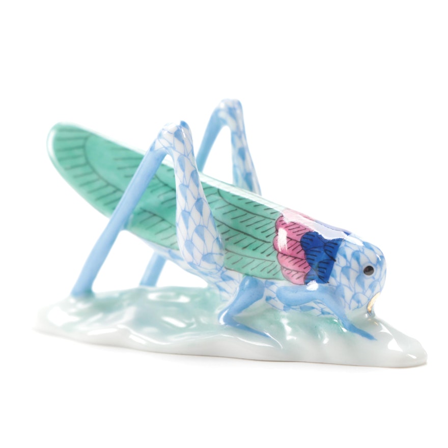 Herend Blue Fishnet "Grasshopper" Porcelain Figurine