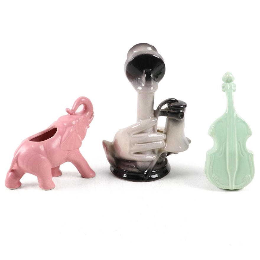 Hull Pottery Figural Telephone and Cello Planters with Ceramic Elephant Planter