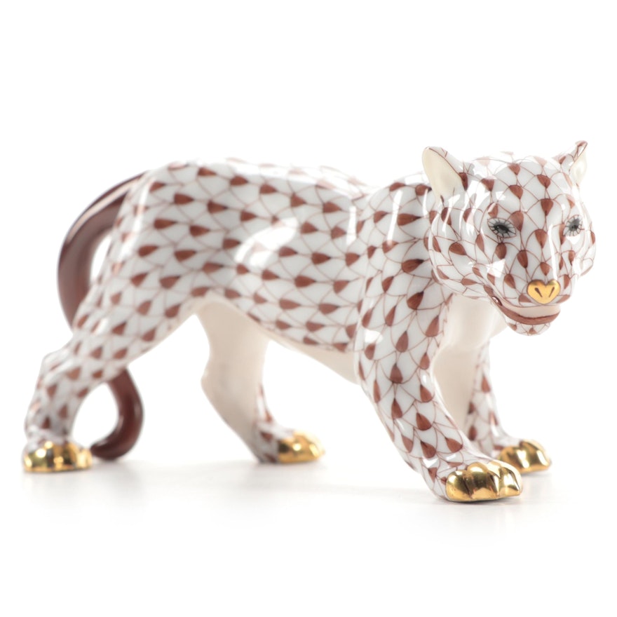 Herend Chocolate Fishnet "Small Tiger" Porcelain Figurine