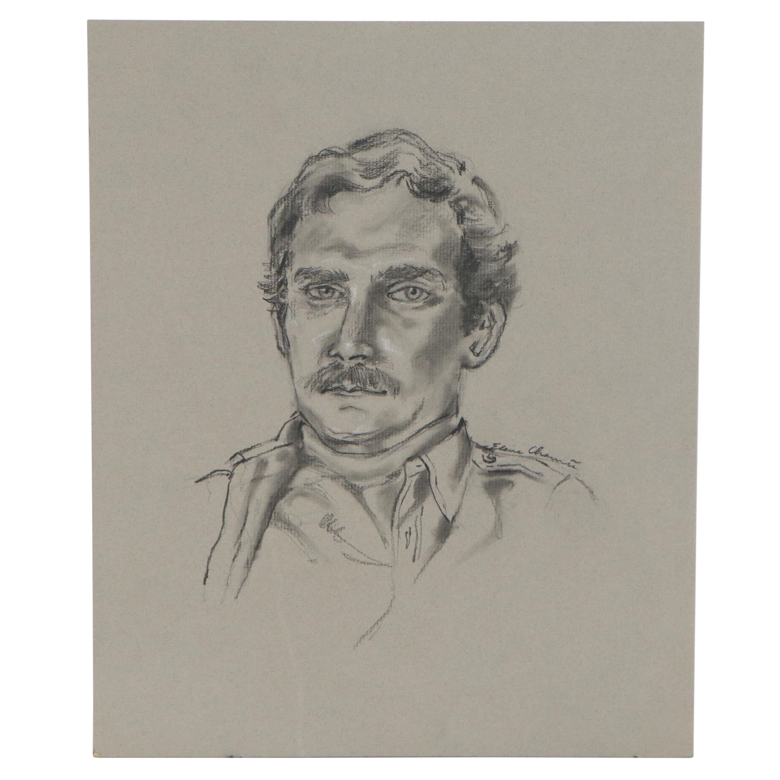 Portrait Charcoal Drawing of Gentlemen, Late 20th Century
