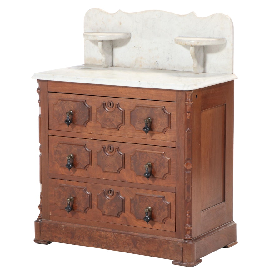 Victorian Walnut, Burl Walnut, and White Marble Washstand, Late 19th Century