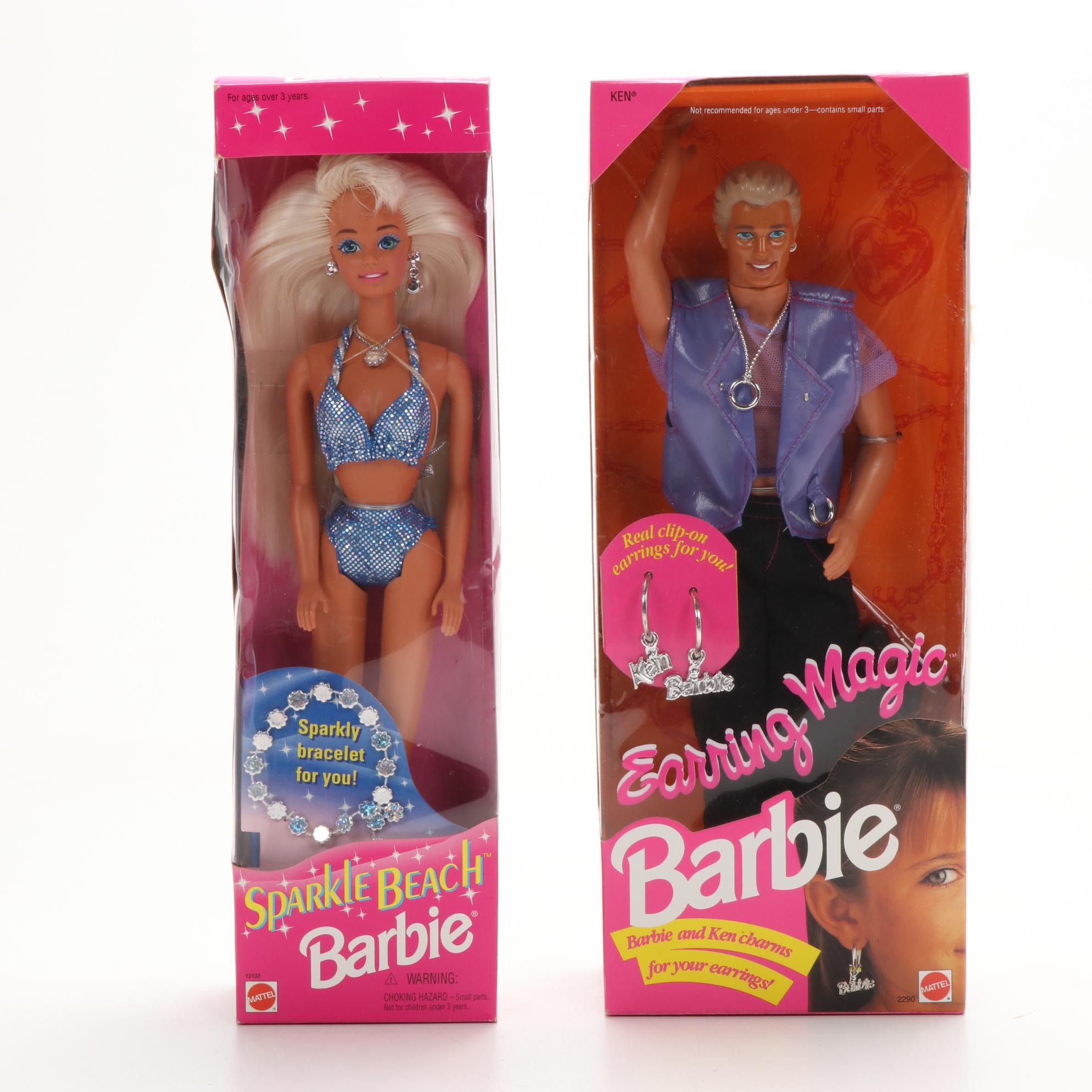 Mattel Barbie Dolls Including "Sparkle Beach" and "Earring Magic Ken", 1990s