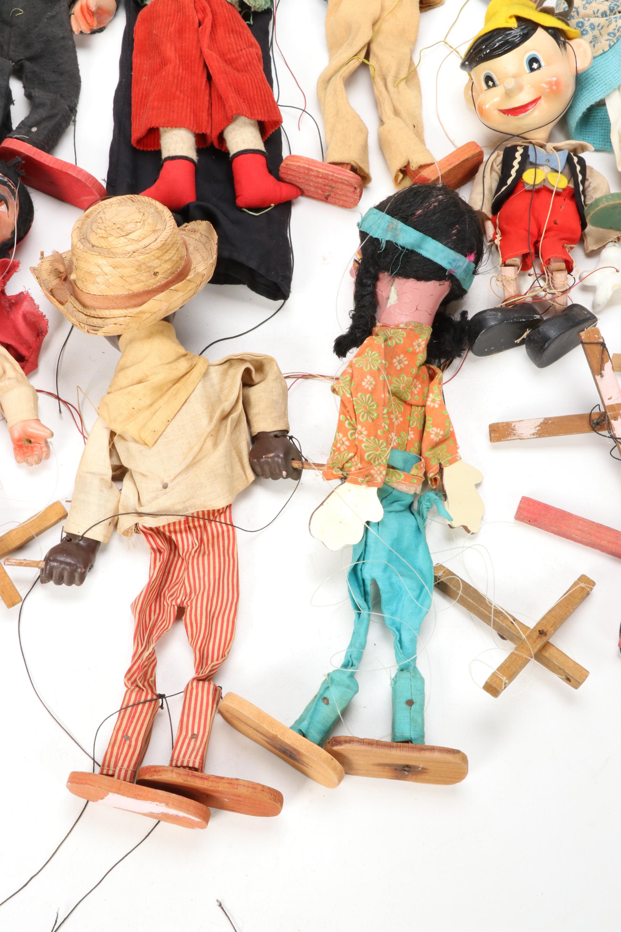 Hand-Painted Pinocchio and Other Wooden Puppets, Early/Mid 20th Century