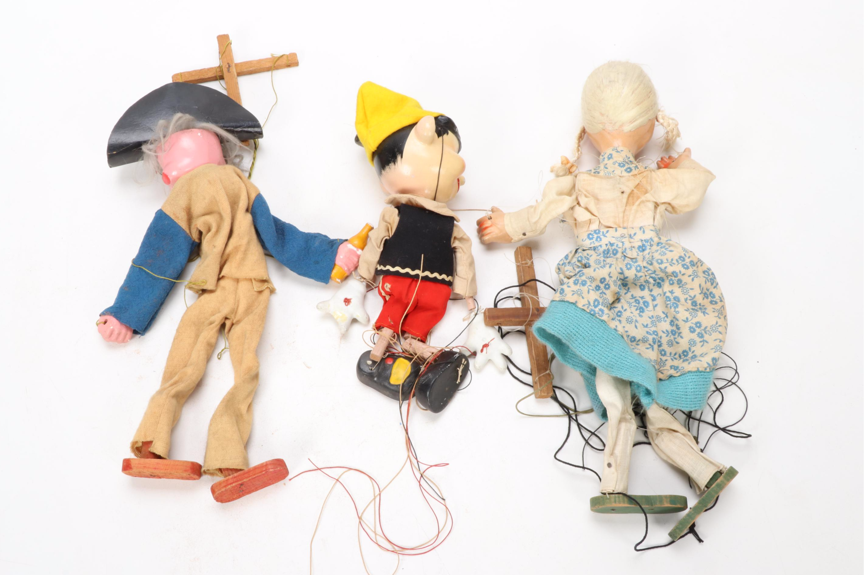 Hand-Painted Pinocchio and Other Wooden Puppets, Early/Mid 20th Century