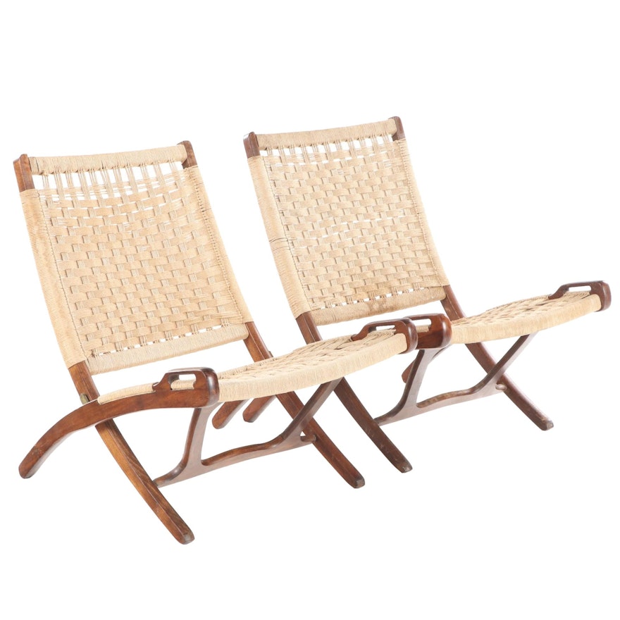 Pair of Yugoslavian Mid Century Modern Beech & Woven Cord Folding Lounge Chairs