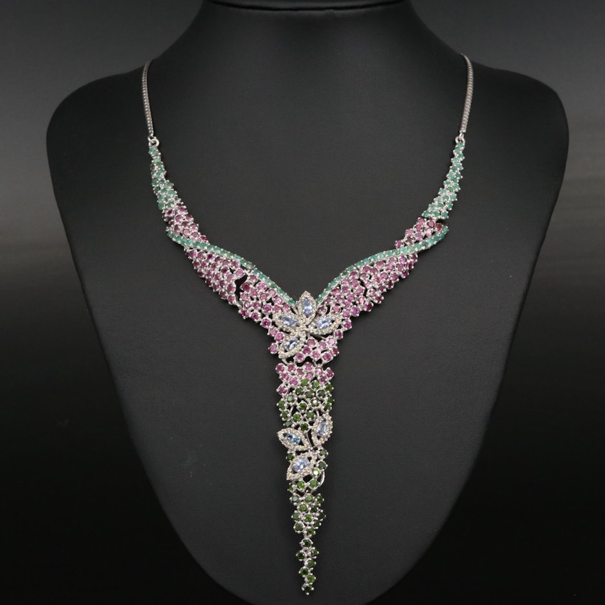 Sterling Diopside, Emerald, Tanzanite and Garnet Y Cluster Necklace