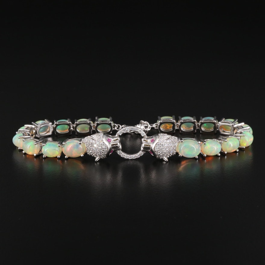 Sterling Silver Opal Panther Head Bracelet with Door Knocker Design