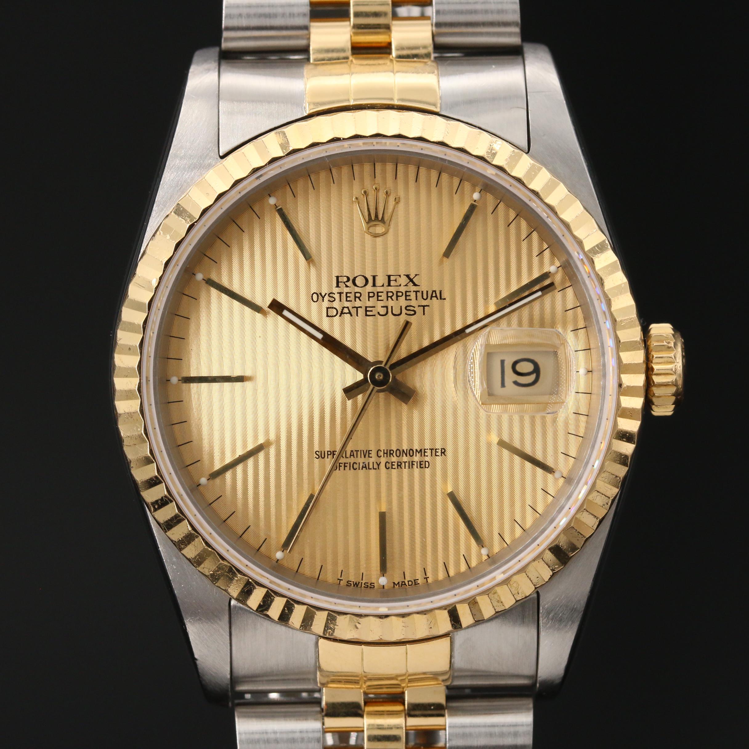 1990 Rolex Datejust Tapestry Dial 18K Gold and Stainless Steel Watch