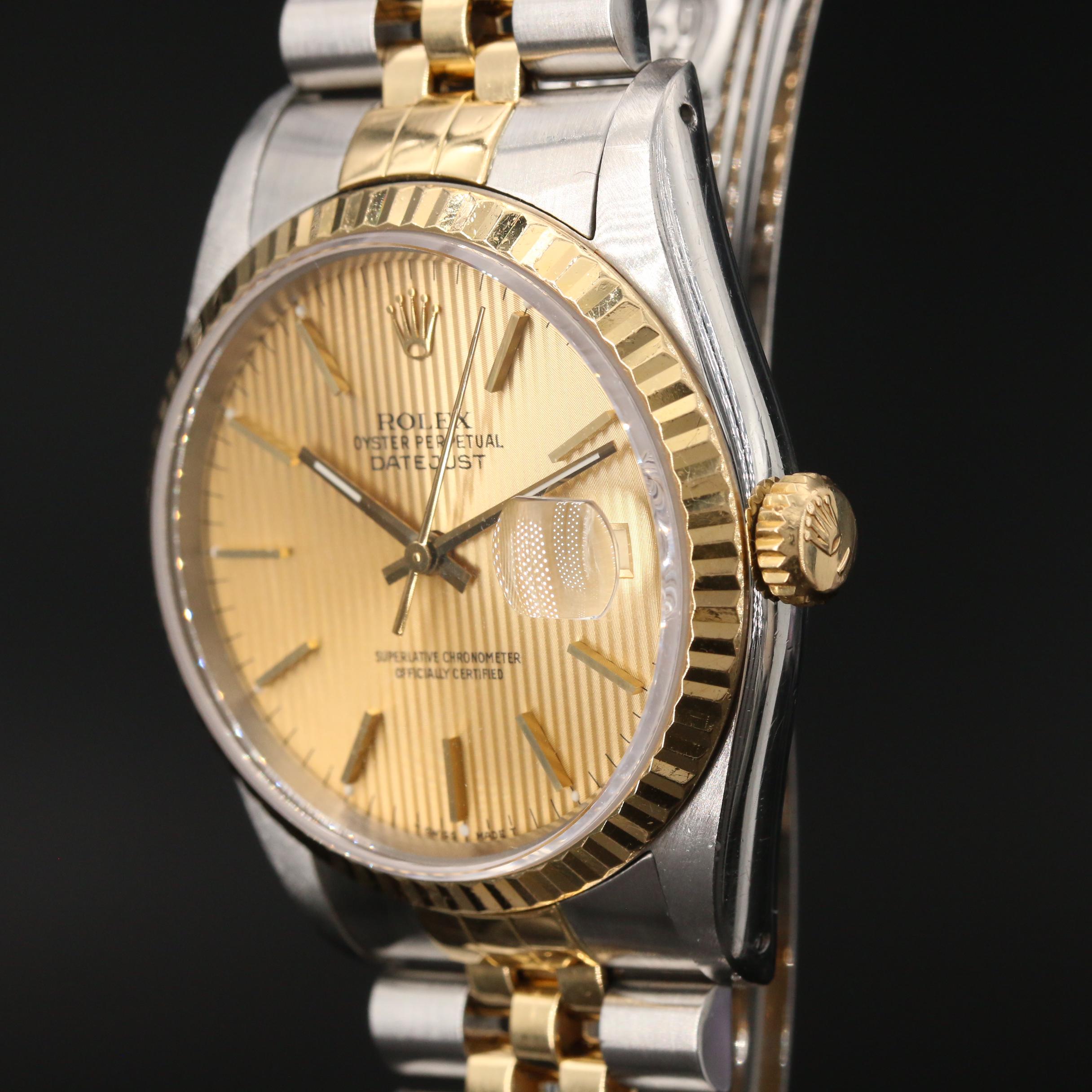 1990 Rolex Datejust Tapestry Dial 18K Gold and Stainless Steel Watch