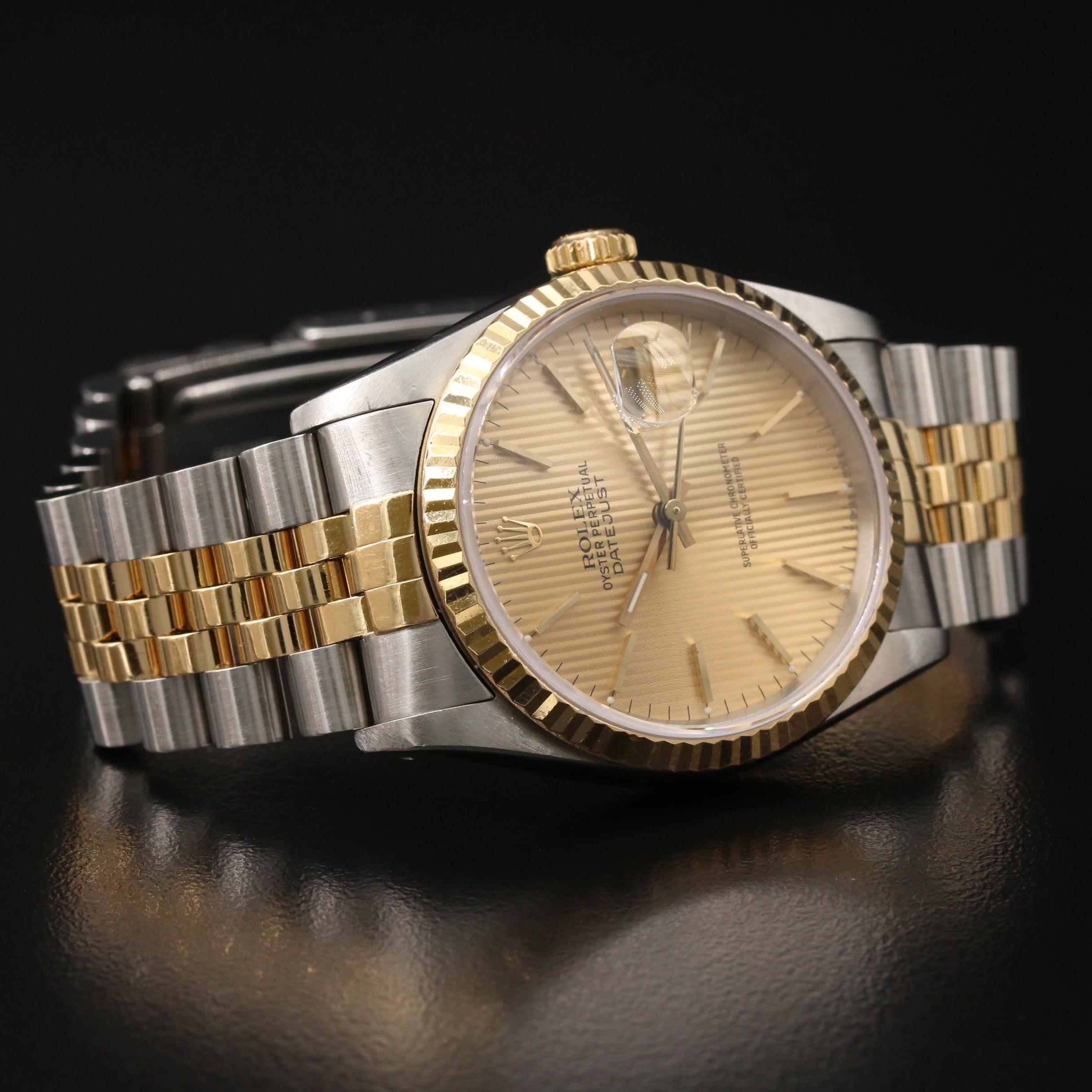 1990 Rolex Datejust Tapestry Dial 18K Gold and Stainless Steel Watch