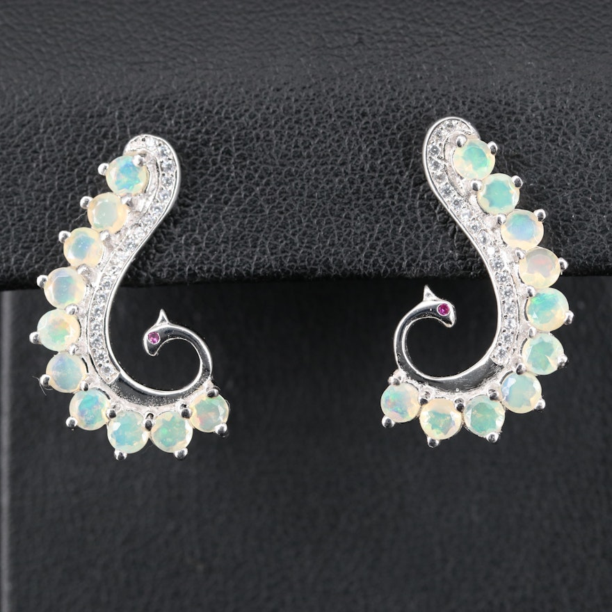 Sterling Opal, Cubic Zirconia and Ruby Scroll Earrings