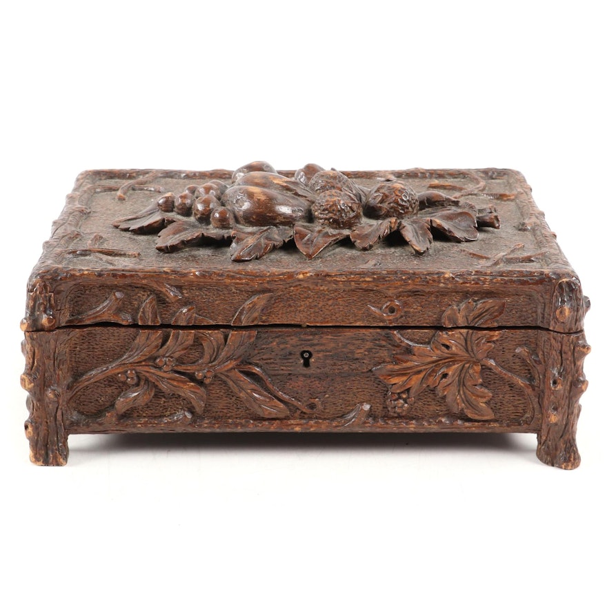 Hand Carved Walnut Black Forest Style Dresser Box, Mid to Late 19th Century