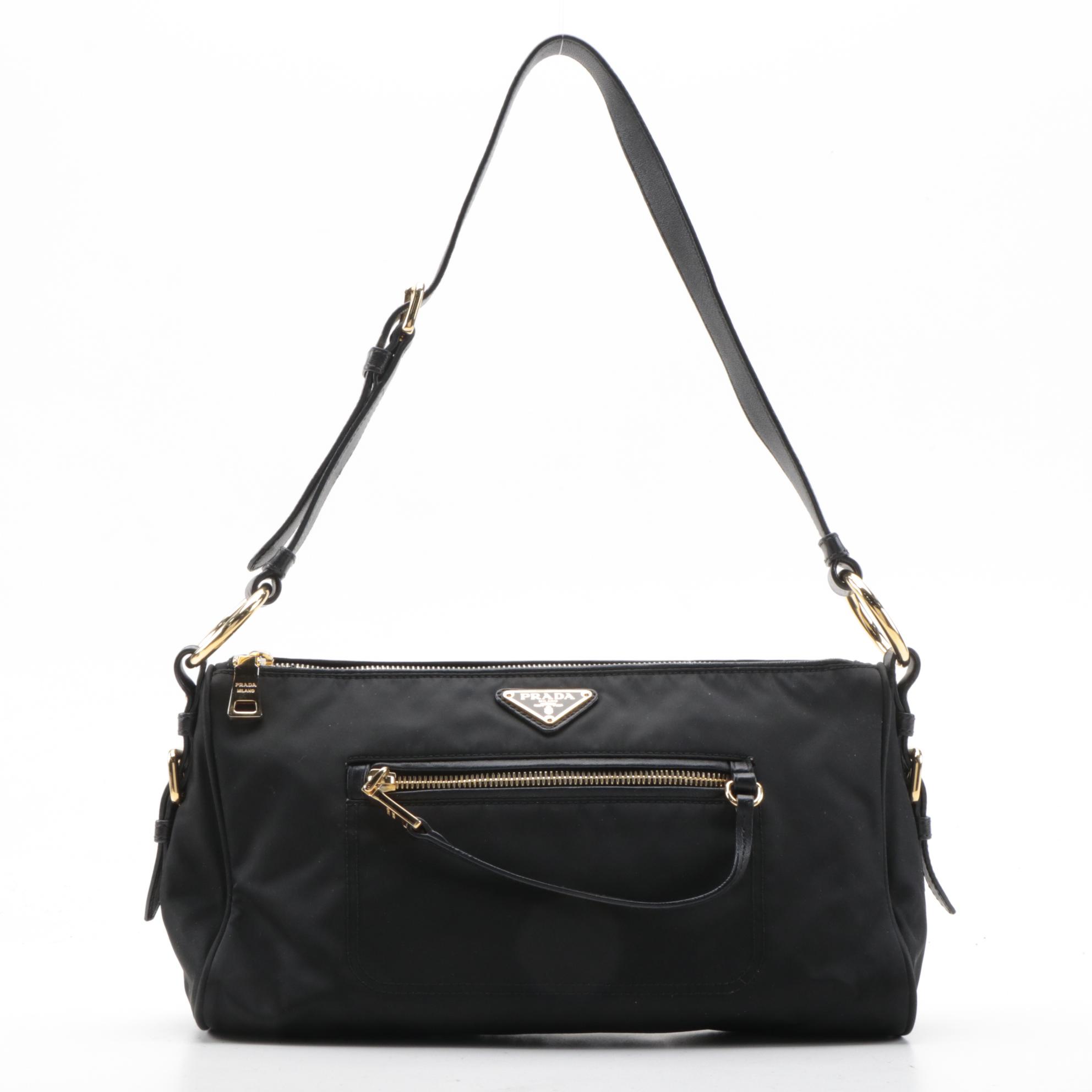 Prada Front Zip Shoulder Bag in Black Tessuto Nylon and Leather