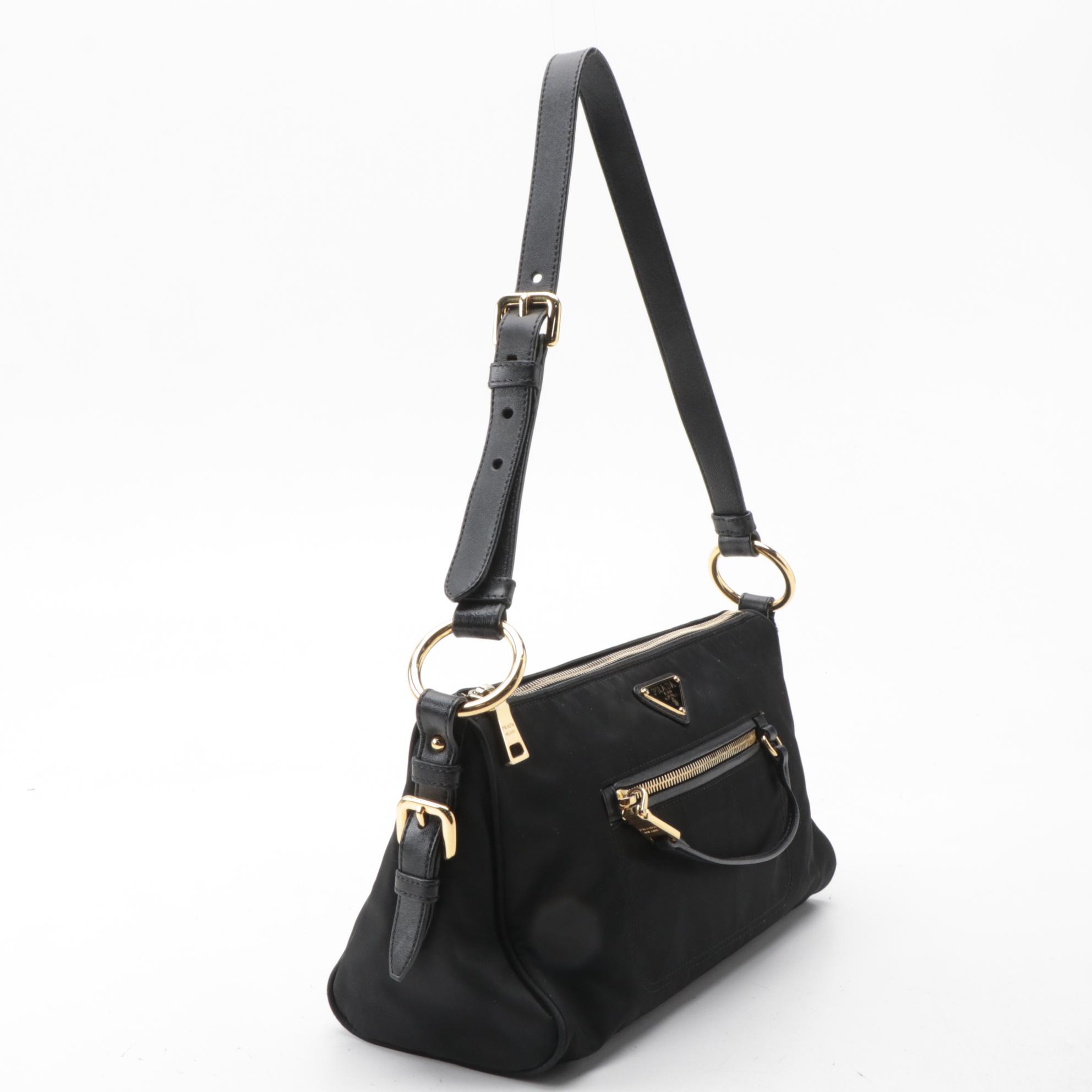 Prada Front Zip Shoulder Bag in Black Tessuto Nylon and Leather