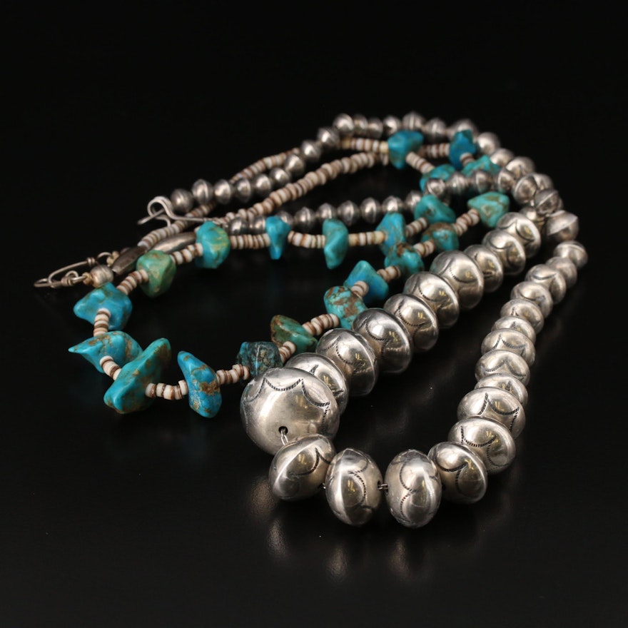 Sterling Graduated Bead and Turquoise and Shell Bead Necklaces