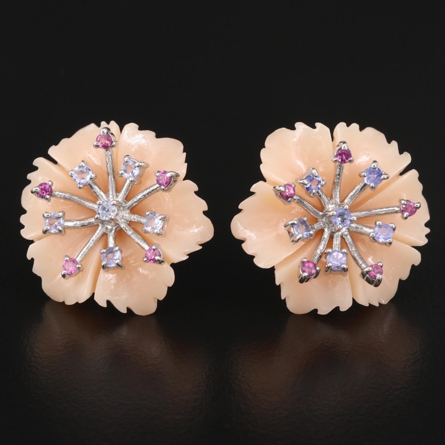 Sterling Silver Imitation Coral, Tanzanite and Garnet Flower Earrings