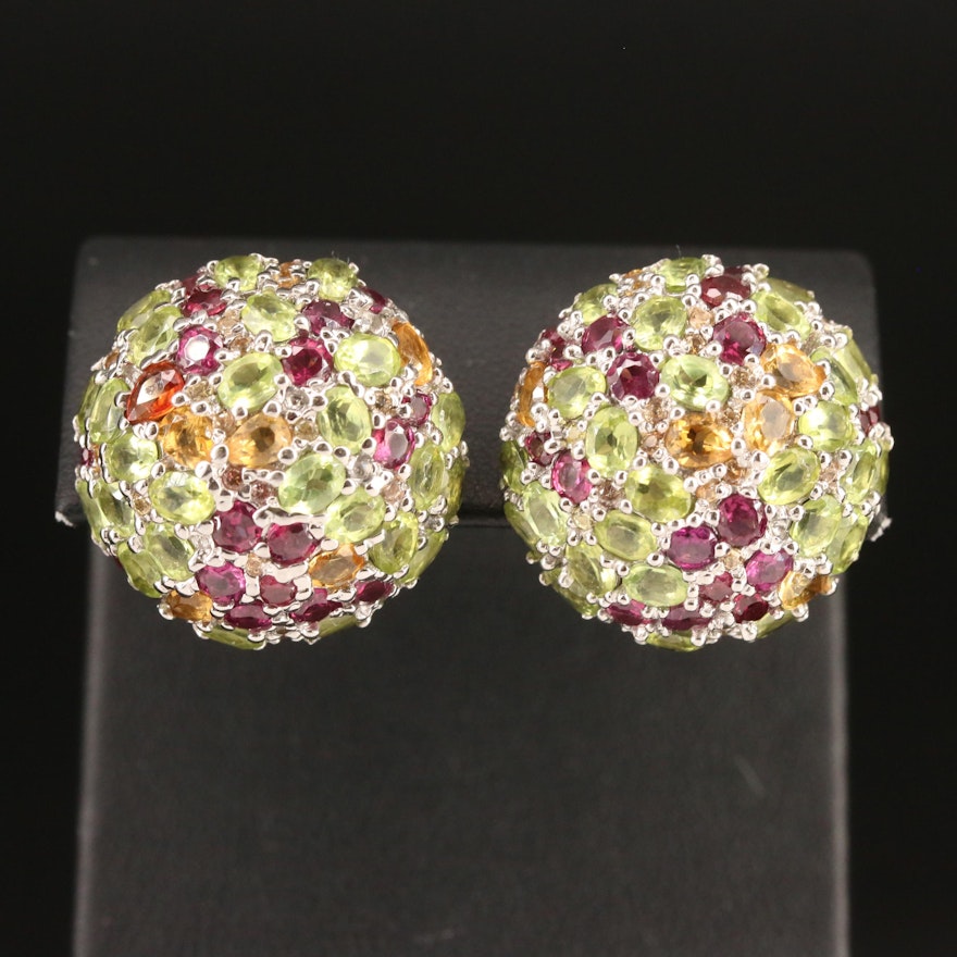 Sterling Silver Domed Cluster Earrings Featuring Peridots, Citrines and Garnets