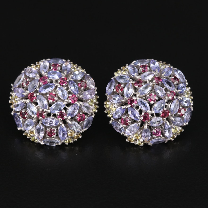 Sterling Tanzanite, Garnet and Sapphire Cluster Earrings
