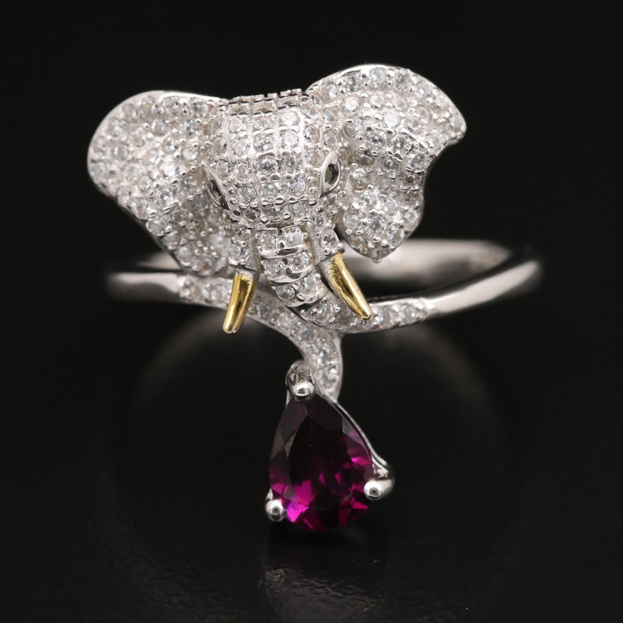 Sterling African Elephant Ring with Garnet, Cubic Zirconia and Spinel