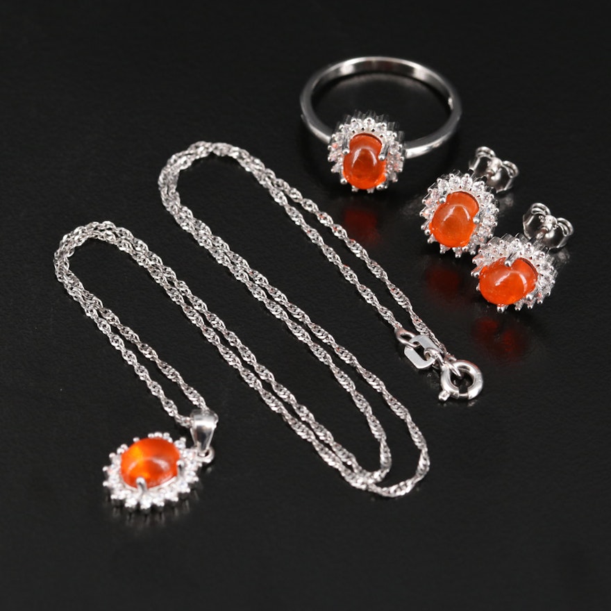 Sterling Silver Opal and Cubic Zirconia Jewelry Set