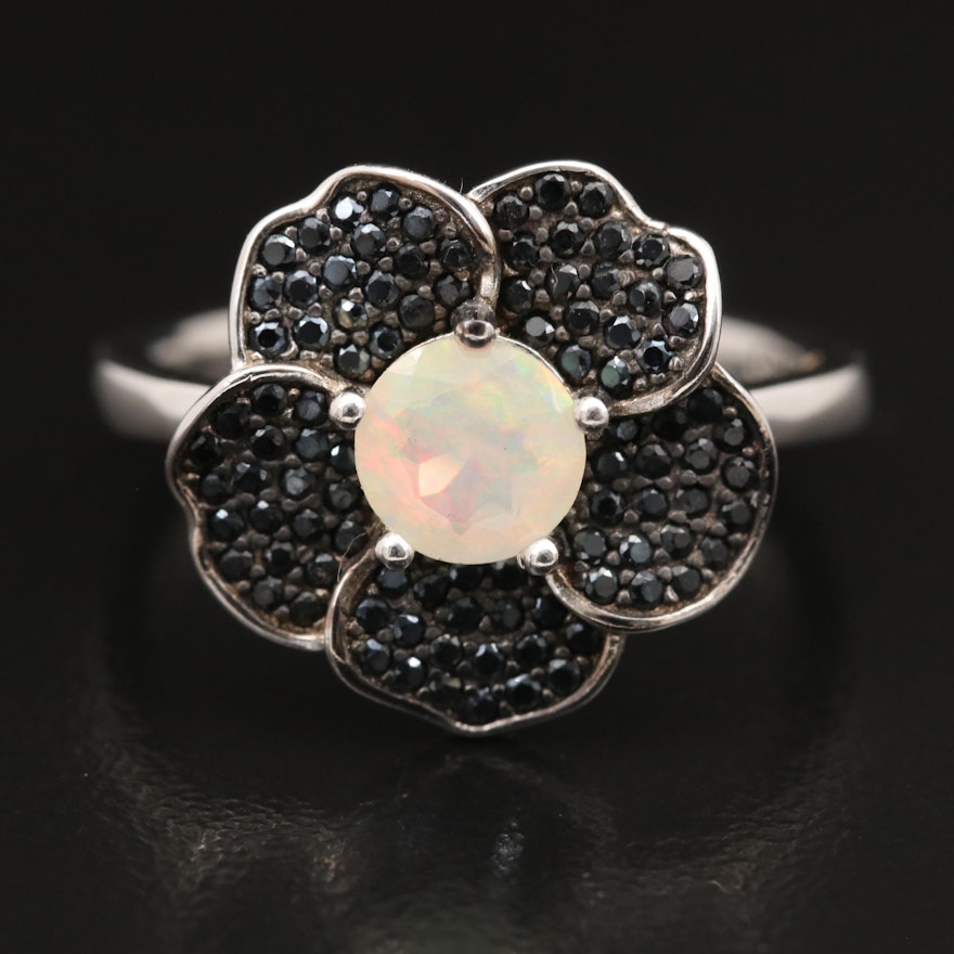 Sterling Opal and Spinel Flower Ring