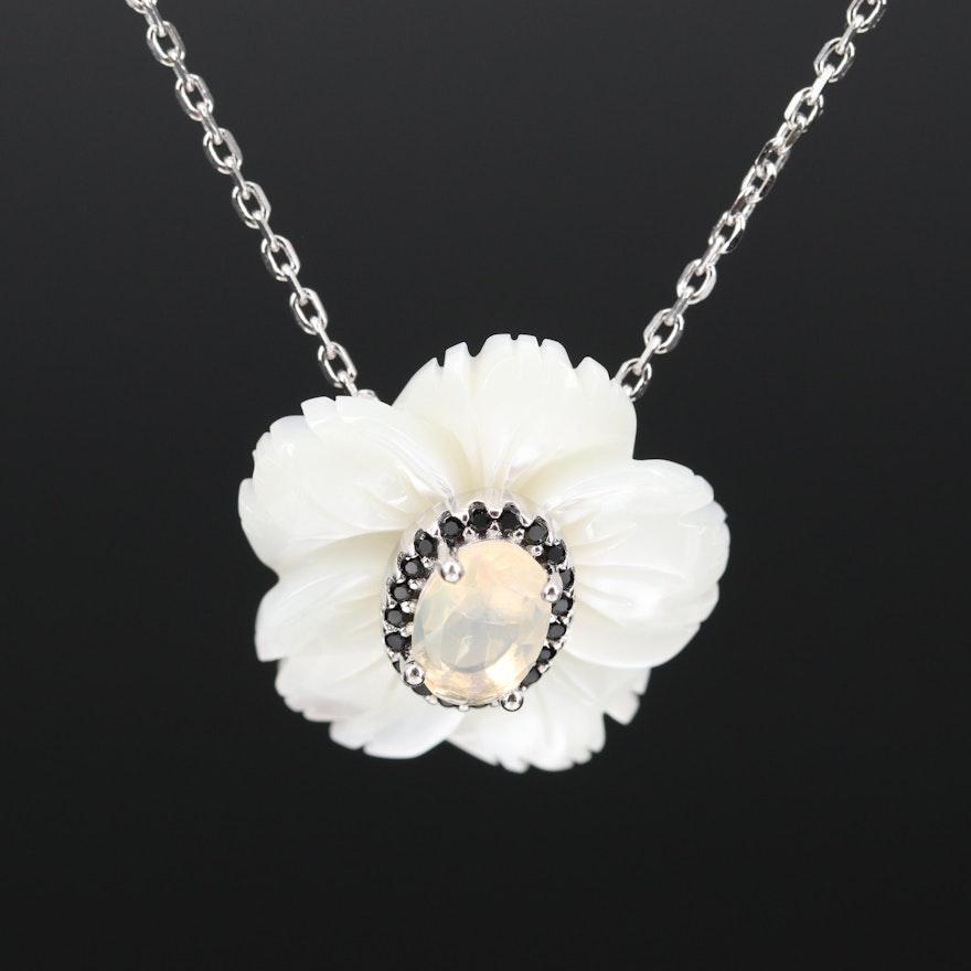 Sterling Opal, Mother of Pearl and Cubic Zirconia Flower Necklace