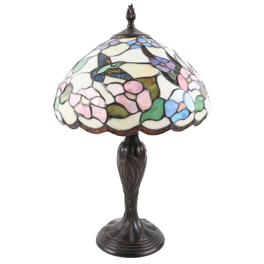 Art Nouveau Style Patinated Metal Table Lamp with Hummingbird Slag Glass Shade