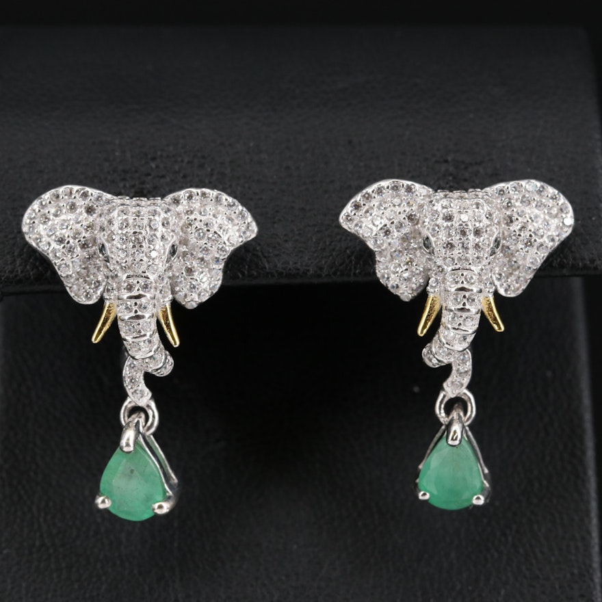 Sterling Cubic Zircon Elephant Drop Earrings Featuring Emeralds and Black Spinel