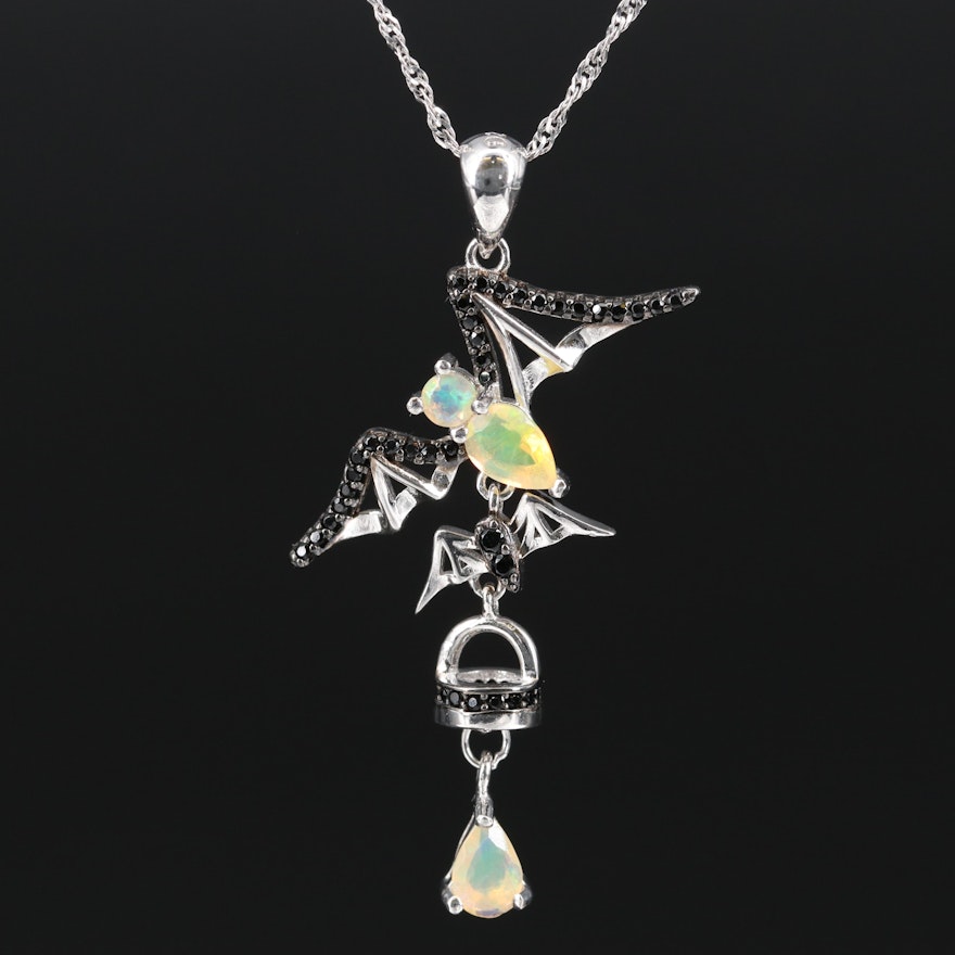 Sterling Silver Flying Bat Necklace Featuring Opal and Spinel