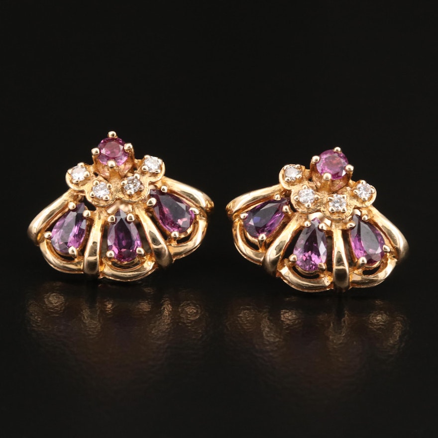 Circa 1986 Franklin Mint 14K Ruby and Diamond Fan Earrings