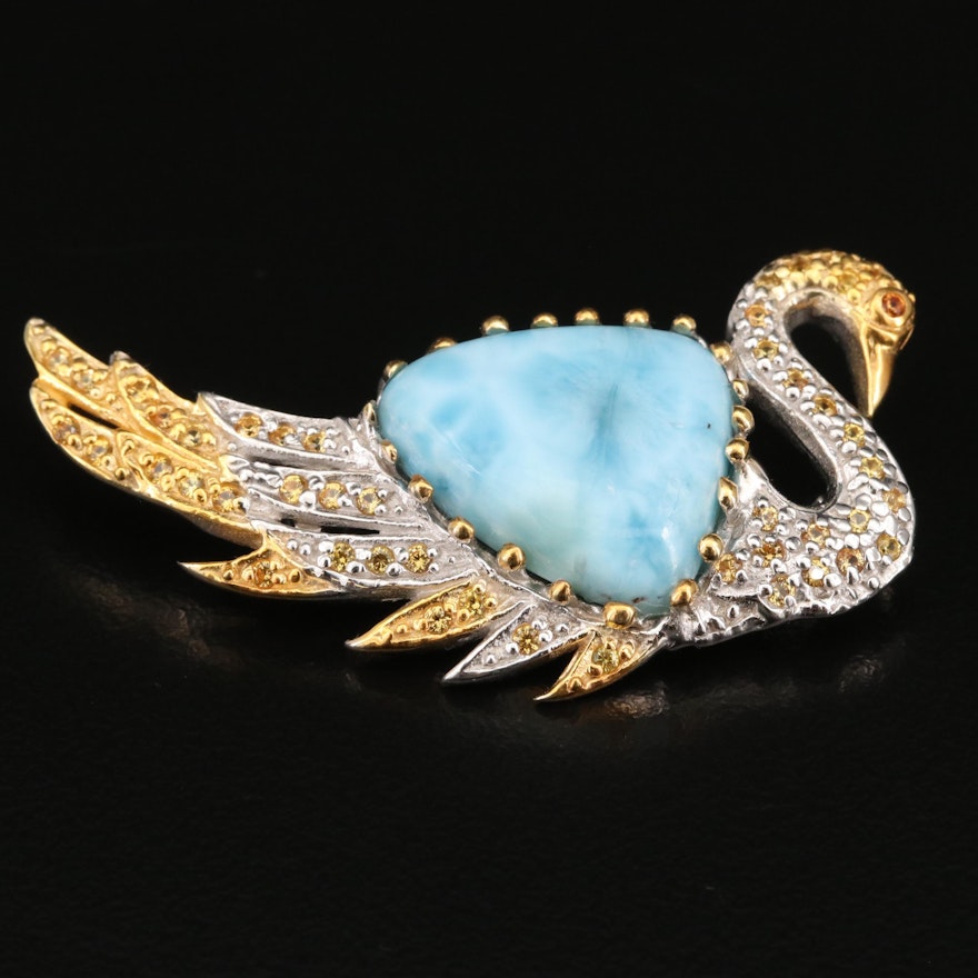 Sterling Silver Larimar and Sapphire Swan Brooch