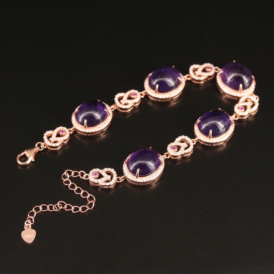 Sterling Silver Amethyst, Ruby and Cubic Zirconia Halo Bracelet